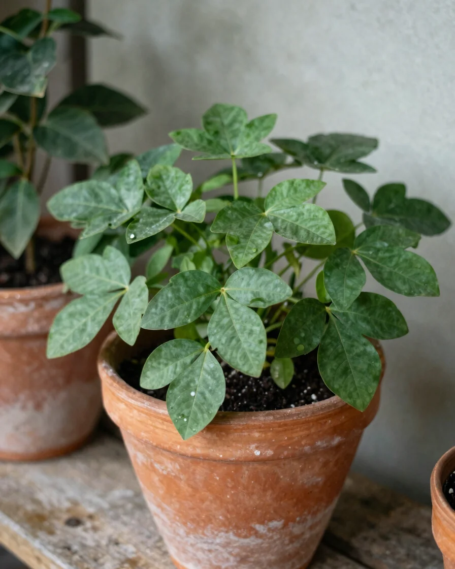 Mãos cuidando de uma planta doméstica em vaso de barro sobre uma varanda, luz natural difusa, folhas verdes em primeiro